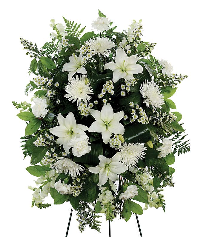 Types of flowers for funeral service delivery white flower standing spray