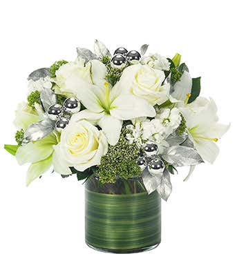 Circular white lilies and white rose bouquet
