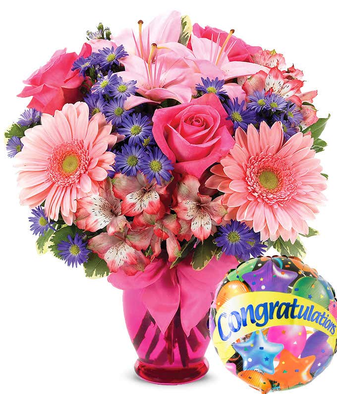 Congratulation flowers with pink roses and pink daisies with congrats balloon