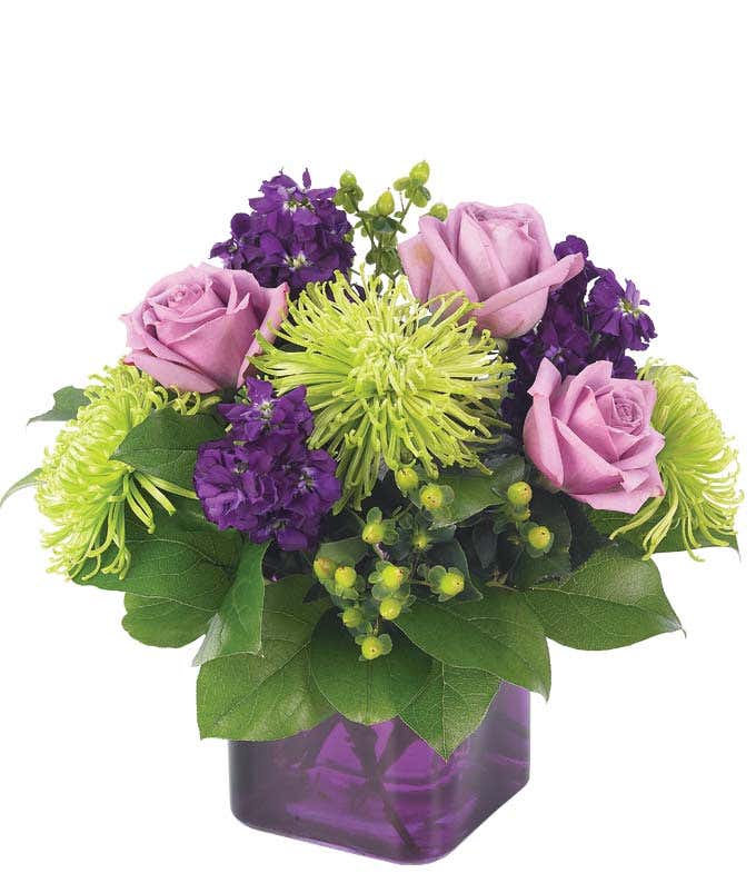 Purple roses and green spider mums in a square purple vase