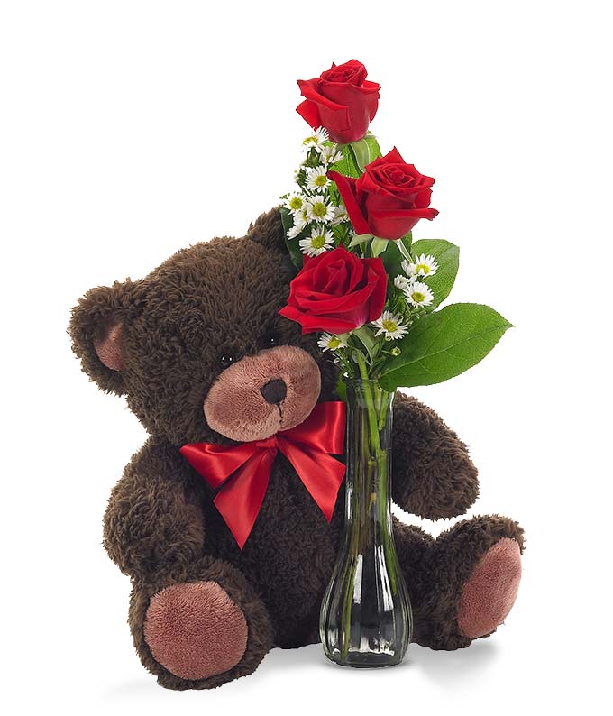 Classic Bud Vase Roses with BearValentine Roses