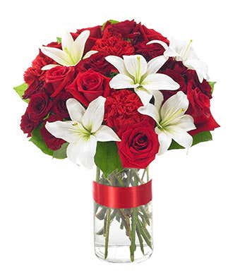Red roses, white lilies and red carnations