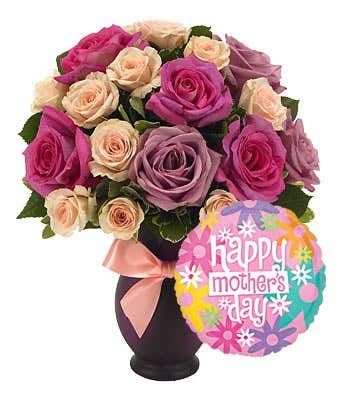 Purple and pink roses with Mother's Day balloon