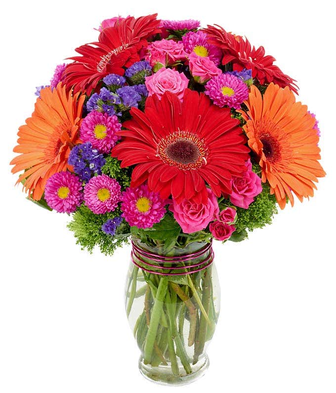 Red and orange gerbera daisies arranged with hot pink asters