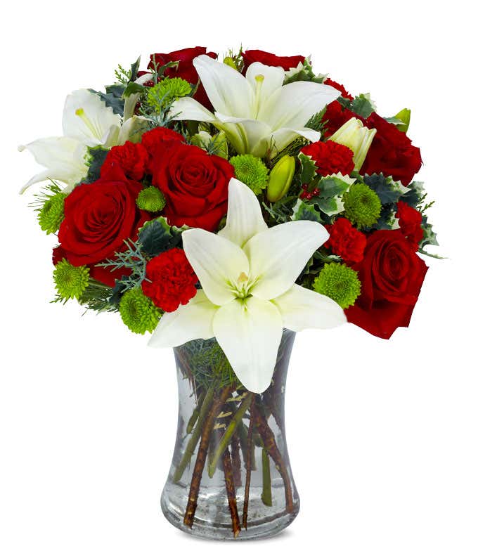 Same day flower delivery with red roses, white lilies and green poms.