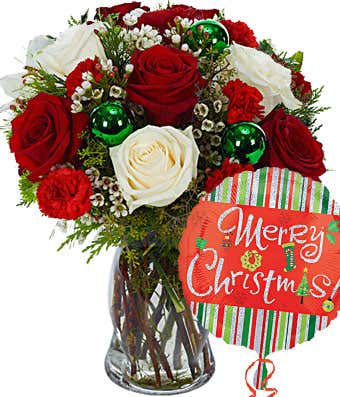Christmas rose bouquet with Merry Christmas balloon