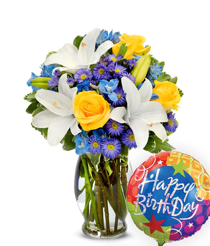 Bright Blue Skies Bouquet with Birthday Balloon