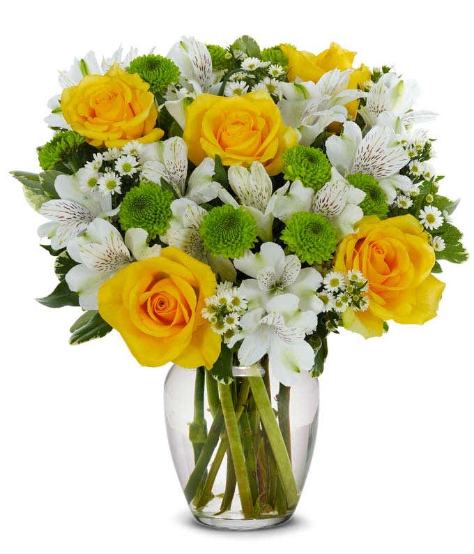 Yellow roses with white alstroemeria are same day flowers