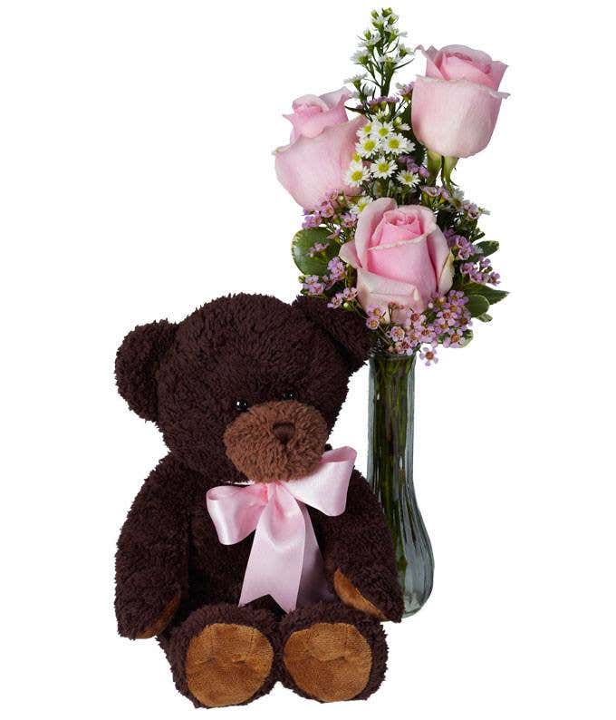 Light pink roses delivered with a teddy bear