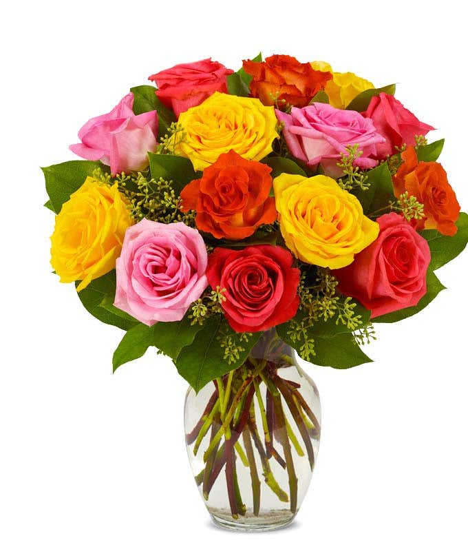 18 Bright Roses in Red, Yellow and Pink for delivery