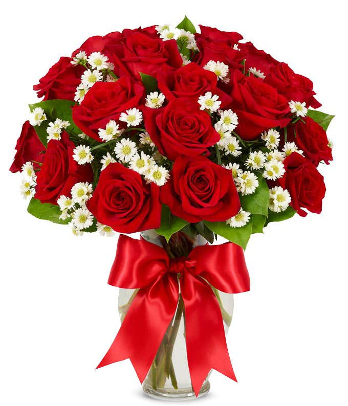 One dozen red roses delivered in glass vase with bow