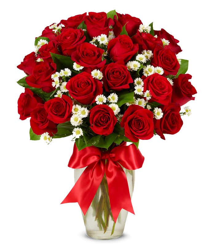 Two dozen long stem red roses delivered by a florist