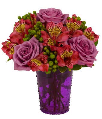 Purple roses with pink alstroemeria with green hypericum 