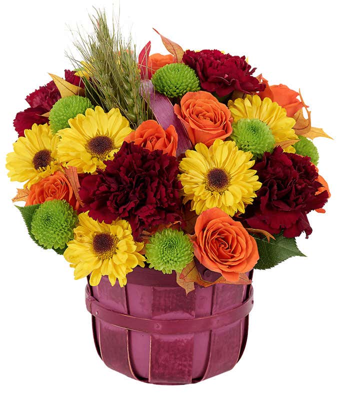 Orange, Green and Yellow Fall Basket Bouquet
