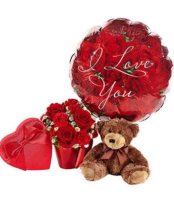 I love you balloon delivered with red roses, chocolate and cute teddy bear