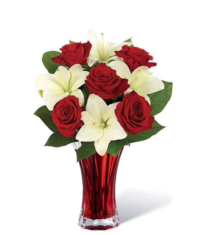 Classic Red Rose White Lily Bouquet at Flowers