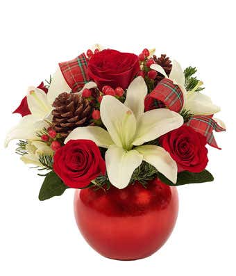 Red and White flowers in a red ornament vase