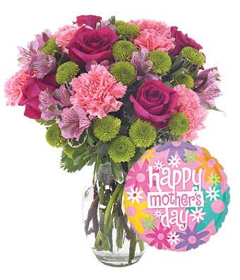 Red roses, pink carnations and purple alstroemeria with Mother's day balloon