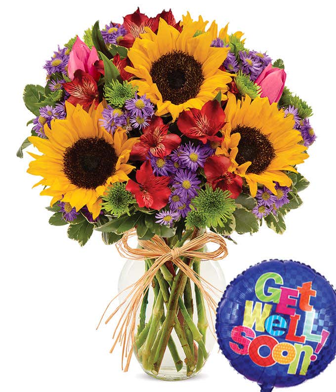 Get well soon flower arrangement with sunflowers, tulips and get well balloon