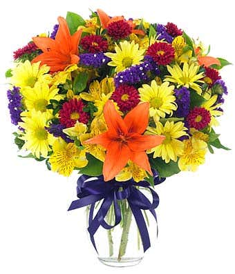 Bouquet with yellow and red lilies and alstroemeria variety