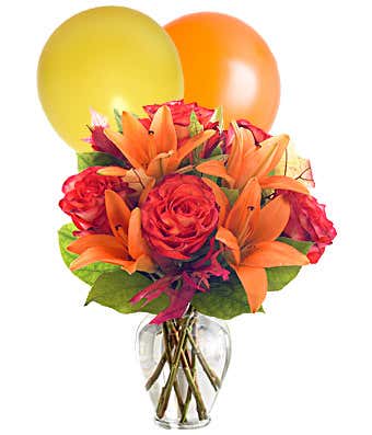 Orange roses, orange lilies and orange & yellow balloons