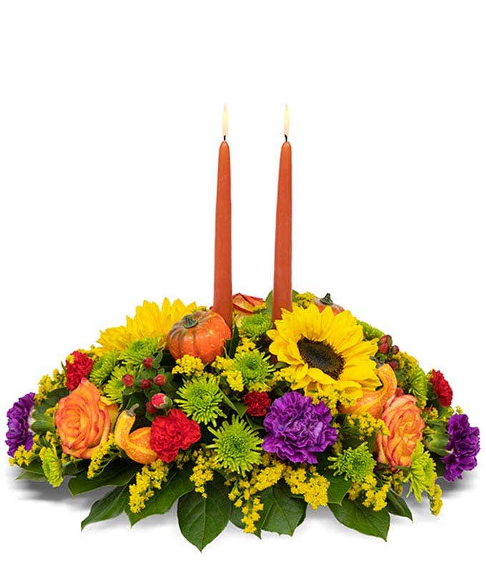 Sunflowers and pumpkin candled centerpiece