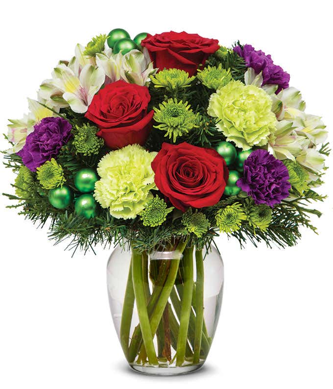 Brightly colored Christmas flower arrangement 