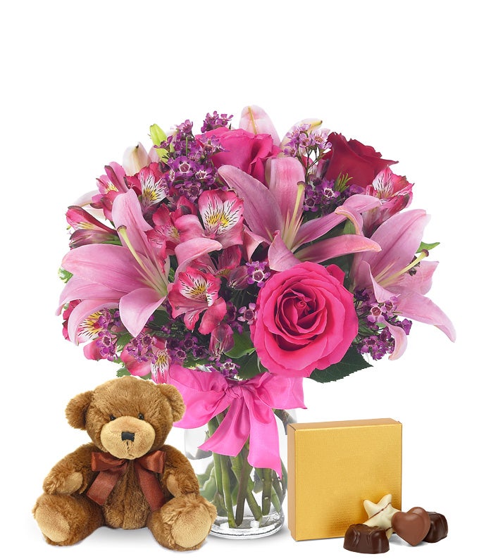 Rose & Lily Celebration with Bear & Chocolate at From You Flowers