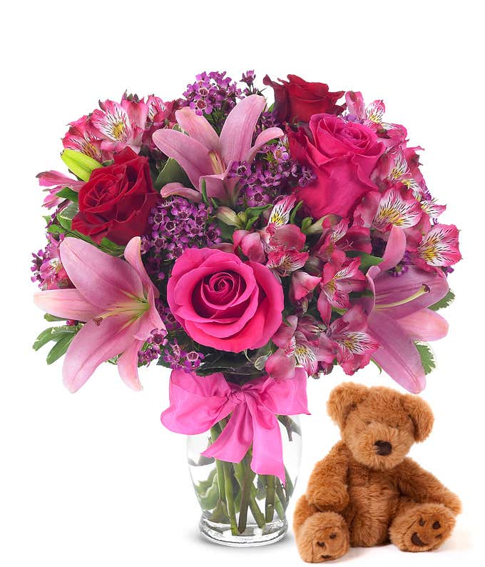 Valentine teddy bear delivered with flowers