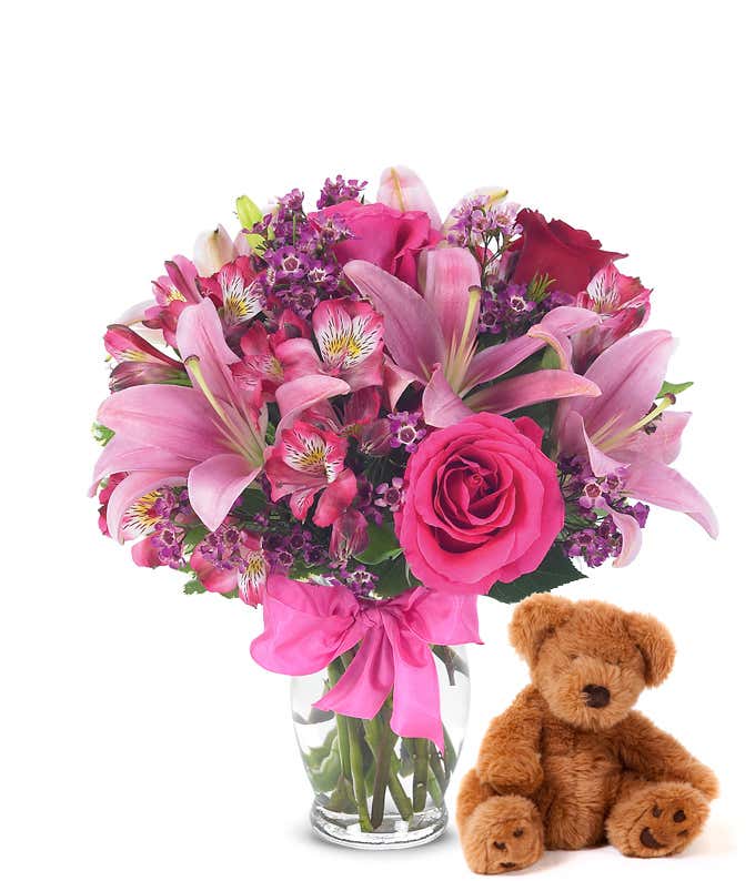 Get Well Soon Little Brown Teddy Bear Pink Flower Flowers Bears Greeting  Card