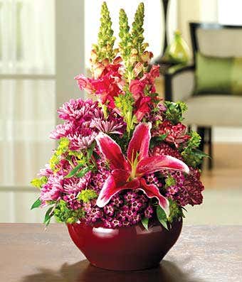 Pink Lilies, burgundy pompons and pink snapdragons