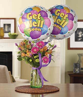 Get well balloons delivered with mixed flowers