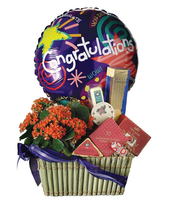 Congratulations arrangement with cheese, balloon and plant
