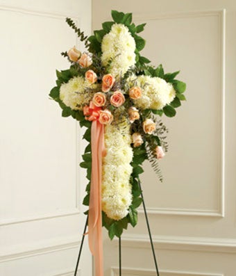 White Standing Cross With Peach Rose BreakFuneral