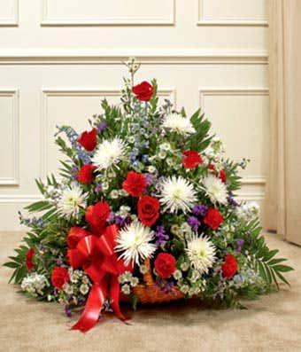 Red, blue and white flower sympathy basket