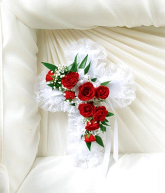 Red & White Satin Cross Casket Pillow