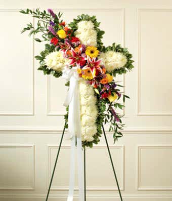 Solid White Standing Cross With Bright Flower Break