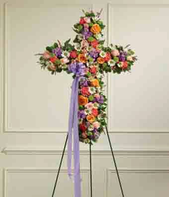Multicolor Pastel Mixed Flower Standing CrossFuneral