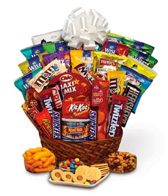 candy and snacks in a gift basket