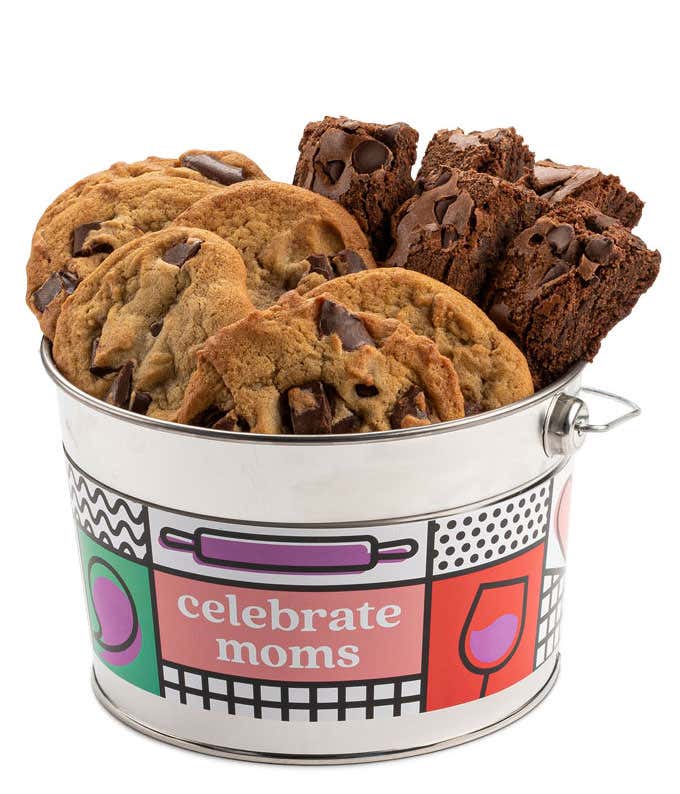 A Mother's Day gift basket featuring six Dark Chocolate Chip Brownies, six Fresh Baked Chocolate Chunk Cookies, a 