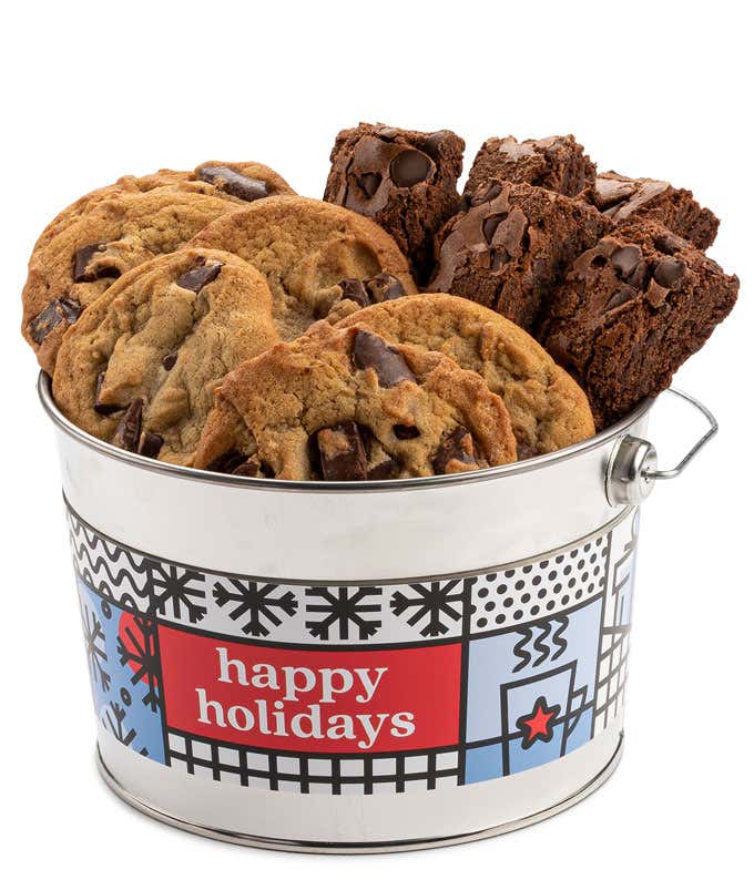 Festive 'Happy Holidays' tin bucket filled with six chocolate chunk cookies and six chocolate chip brownies.