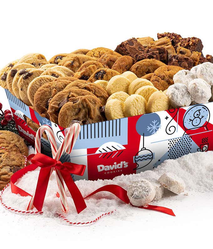 Gift set in a festive holiday crate includes cookies (Chocolate Chunk, Peanut Butter, Oatmeal Raisin), brownies (Chocolate Chip, Pecan, Blondie), Chocolate Chunk & Mini Shortbread Cookies, and Pecan Meltaways.