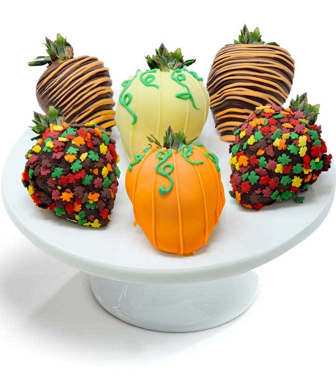 6 strawberries decorated for Fall and dipped in chocolate