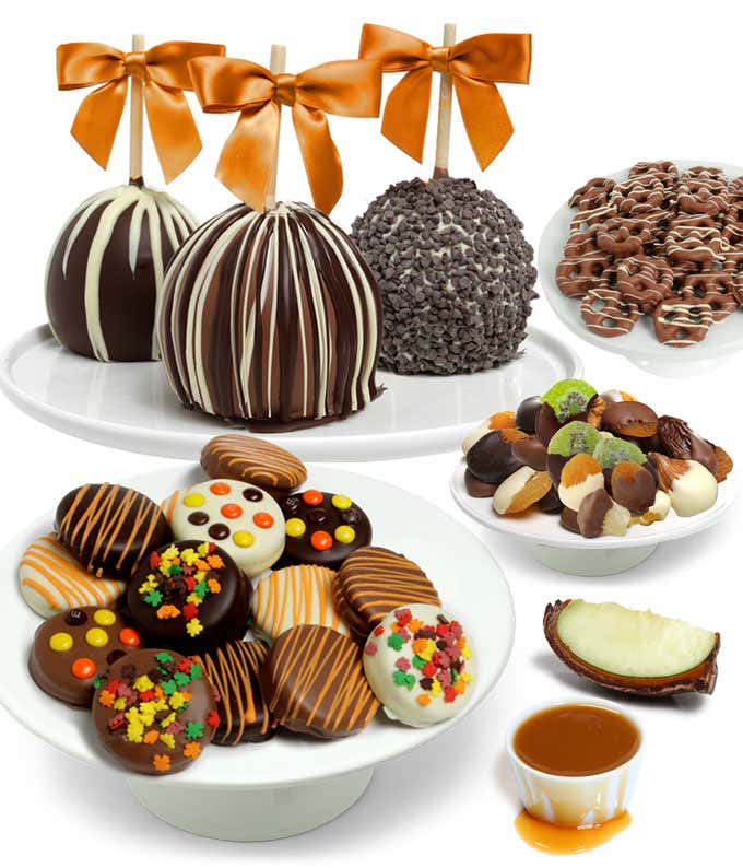 A luxurious gift box featuring 3 Belgian chocolate-covered apples, 12 Belgian chocolate-covered OREO cookies with fall toppings, 12 oz. of almond dark chocolate bark, 8 oz. of Belgian chocolate-covered fruits, and 5 oz. of Belgian chocolate-covered mini 