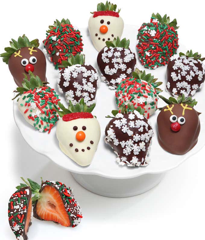 Twelve strawberries dipped in white, dark, and milk chocolate 