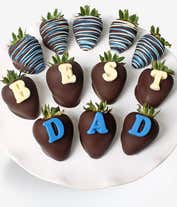 A delightful Father's Day gift featuring one dozen fresh strawberries, dipped in Belgian chocolate and adorned with blue swizzle decorations. This indulgent treat offers a perfect blend of sweetness and elegance to celebrate Dad's special day.