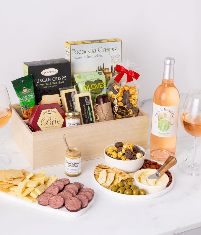 Deluxe Meat & Cheese Gift Box with Ros Wine