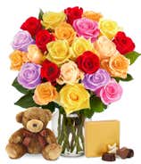 Two Dozen Rainbow Apology Roses with Bear & Chocolates