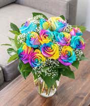 Alternative image 1 for Wild rainbow roses bouquet with optional glass vase and personalized apology message.