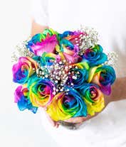 Alternative image 2 for Wild rainbow roses bouquet with optional glass vase and personalized apology message.
